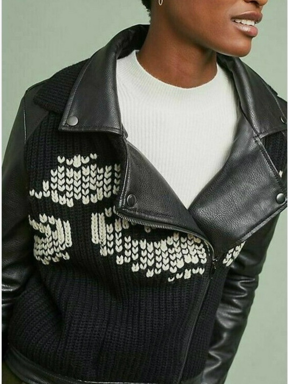 Anthropologie ett:twa Sweater Trimmed Faux Leather Moto Jacket Black Wool Knit M
